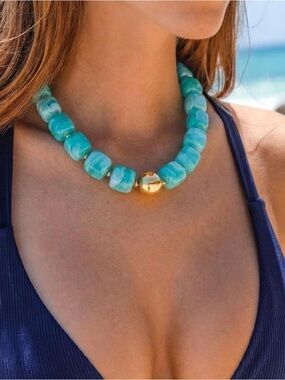 Turquoise Ocean Blue Marbled Beaded Necklace with Gold Accent